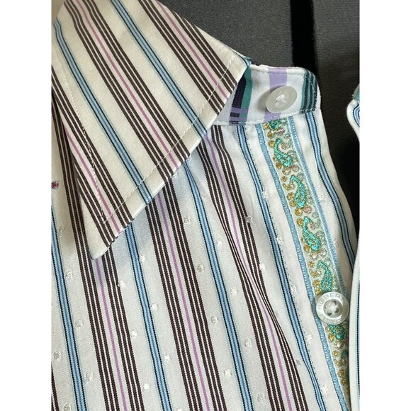 Robert Graham Men's Shirt 2XL Flip Cuff Striped Embroidered Turquoise - Picture 15 of 16